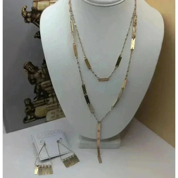 NWT CANVAS Goldtone Necklace With Earrings Set Layered Jewelry Gift Set - Picture 1 of 9